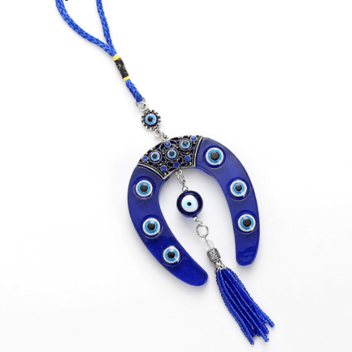 Pingente símbolo místico Grego da Ferradura e Olho Turco em vidro azul na loja Vida Astral Zen 