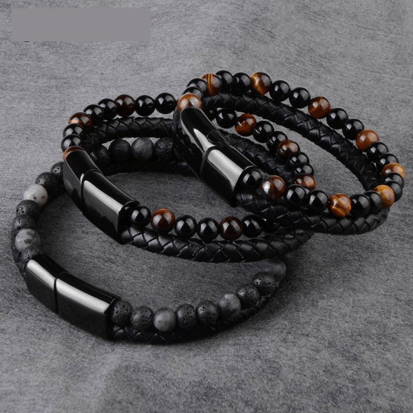 Pulseira Couro Genuíno Trançado com Pulseira de Contas de Olho de Tigre ou Pedra Lava com fecho em aço inoxidável magnético na loja Vida Astral Zen