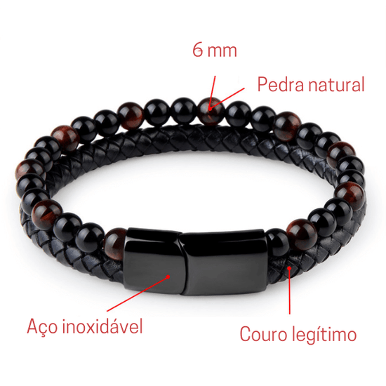 Pulseira Couro Genuíno Trançado com Pulseira de Contas de Olho de Tigre ou Pedra Lava com fecho em aço inoxidável magnético na loja Vida Astral Zen