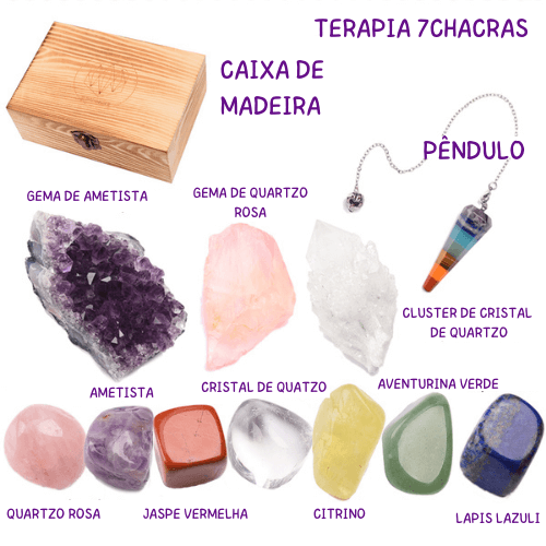 Terapia dos 7Chakras - Pedras Naturais dos 7Chakras + Pêndulo + Cluster e Gemas Naturais na loja Vida Astral Zen